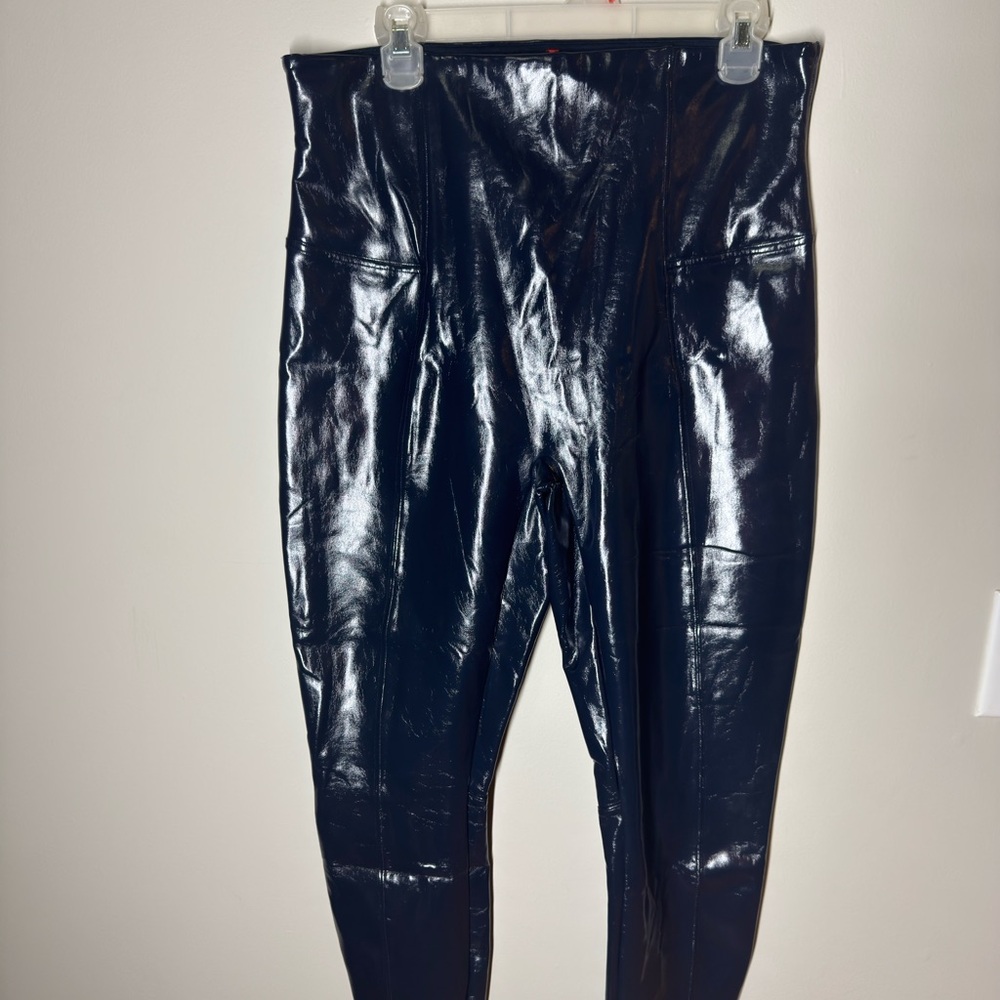 SPANX Faux Patent Leather Leggings Navy Blue Liquid Gloss Pants Classic Sz. 1X - Picture 2 of 5